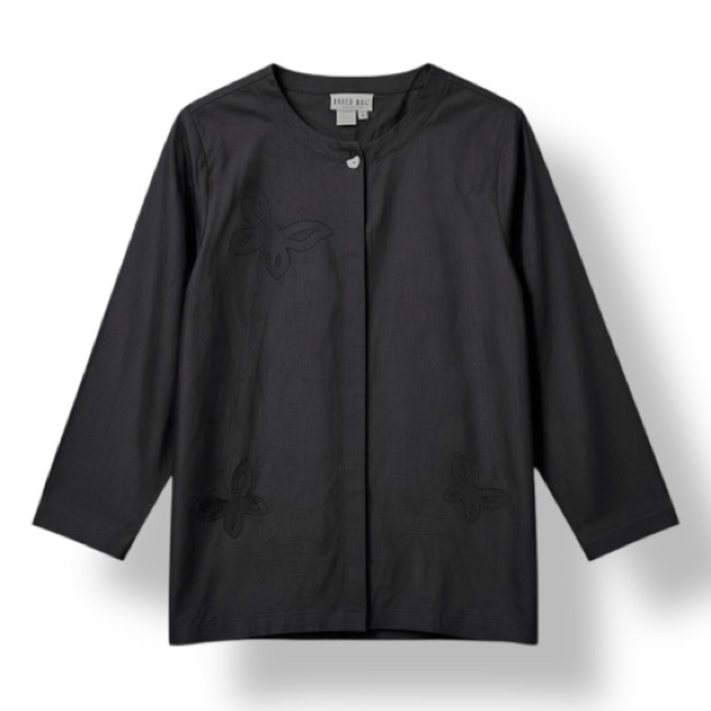 4/$20 Vintage David Dart Linen Black Button Front Butterfly Inset Jacket Top - Picture 2 of 7